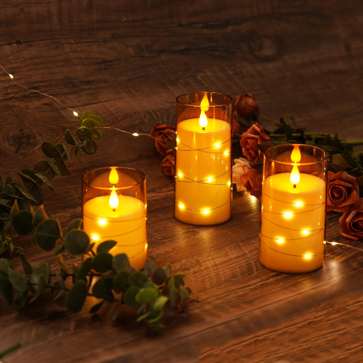 Amagic Flameless Candles 3 Set, Flickering Battery Operated Candles Embedded Fairy String Light, Realistic Pillar Candle with Remote Control and Timer, Acrylic Amber Gold, D3 x H4 5" 6"