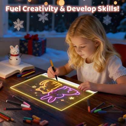 Rechargeable Led Drawing Board for Kids, 11.8*7.9" Dry Erase Board, 4 Modes &7 Colors Glow Doodle Note Board, Include Hanging Chain, 2 Stands, 8 Markers, Spray Bottle, Cleaning Cloth, Kid Girls Gifts