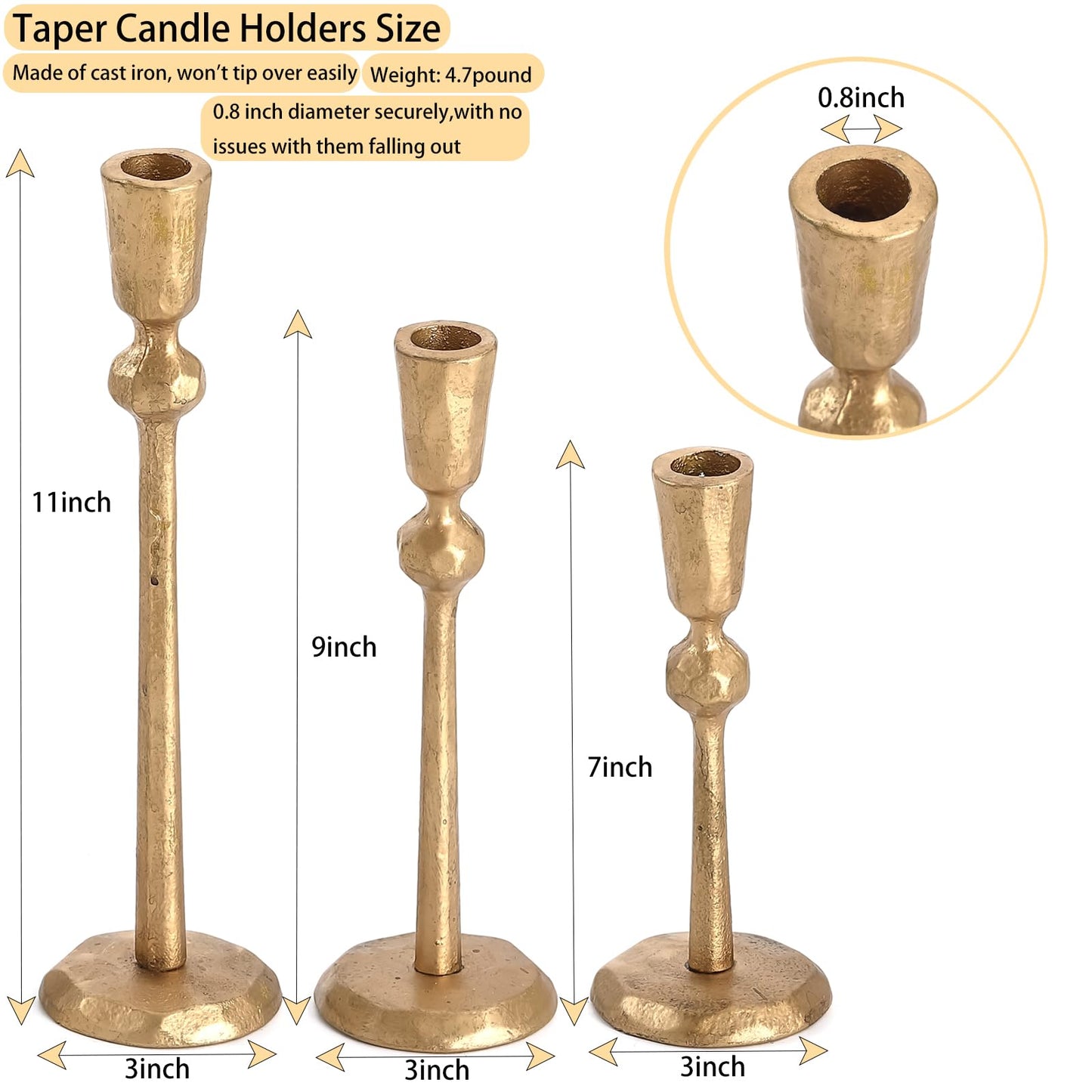 Wenbery Gold Taper Candle Holders Set of 3, Heavy Candlestick Holders Decorative Candle Stand for Table Centerpiece, Cast Iron Candle Stick Holder Decor