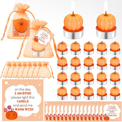 MTLEE 48 Sets Baby Shower Favors Include 48 Succulent Pumpkin Shaped Candles Fall Mini Plants Tea Lights Candles with 48 Invitations Cards and 48 Organza Bags for Baby Gender Reveal Guests(Pumpkin)