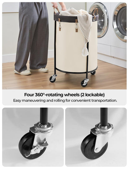 StorageWorks 170L Rolling Laundry Basket, Clothes Hamper with Wheels, Round Clothing Cart with Steel Frame and Removable Bag, 4 Casters and 2 Brakes, Beige, 1-Pack