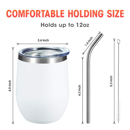 COMOOO 12oz Wine Tumbler with Lid and Straw, Stainless Steel Stemless Wine Glass, Double Wall Vacuum Insulated Wine Tumbler Cup, Cocktails,Beer,Champaign, White, 8 Pack