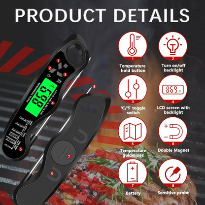 Meat Thermometer Digital，IP67 Waterproof Cooking Thermometer with Backlight, Calibration & Hold Function，Food Thermometer for Cooking,Outdoor Grilling