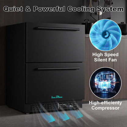 Iceblue 24 Inch Under Counter Drawer Fridge, Wine Fridge, Stainless Steel Freestanding Beverage Refrigerator, 34~50℉ Fast Cooling Wine Refrigerator for Home, Bar, Gift (Black)