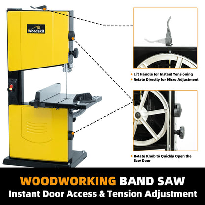 Woodskil 10 Inch Dual Speed Band Saw with Stand, 4.3A 2360/3000 FPM Benchtop Bandsaw with Quick Tension System & Quick Tool-Free Doors for Hard & Soft Woodworking, DIY
