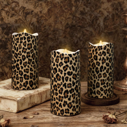 Whaline 3 Pcs Cheetah LED Flameless Candles Leopard Print Battery Operated Pillar Candles for Wedding Party Home Table Decor
