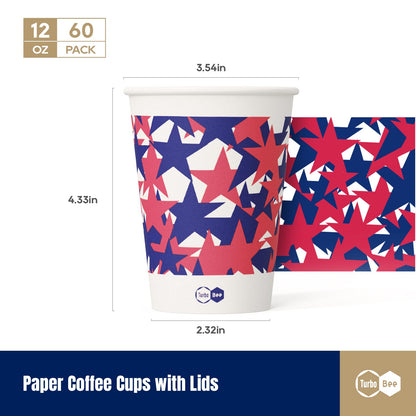 Turbo Bee 12 oz Disposable Coffee Cups with Lids, 60 Pack To Go Paper Cups for Coffee, 12 Ounce Paper Hot Coffee Cups with Lids and Straws for Thanksgiving, Christmas Party and Coffee Shop