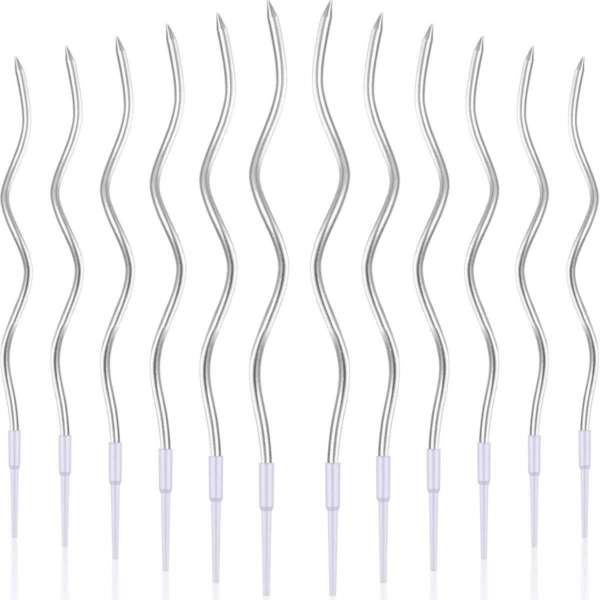 BBTO 12 Pcs Twisted Birthday Candles Spiral Metallic Cupcake Thin Long Cake Candles with Holders for Birthday Wedding Party(Silver)