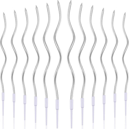 BBTO 12 Pcs Twisted Birthday Candles Spiral Metallic Cupcake Thin Long Cake Candles with Holders for Birthday Wedding Party(Silver)