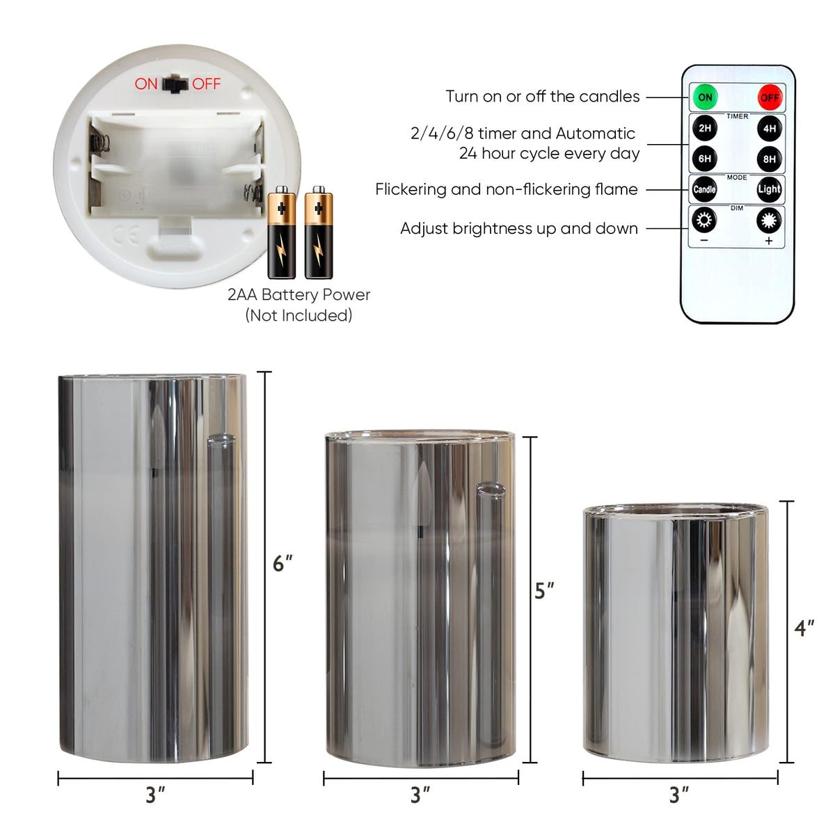 5plots Glass Battery Operated Grey Flameless Candles with Remote Timer, 3D Wick Real Wax Pillar Led Candles Warm Flickering Light for Indoor Home, Halloween, Christmas Decor D3 x H4 5" 6"