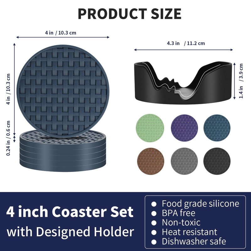 4 Inch Blue Silicone Coasters for Drink Set of 6, Heat-Resistant Waterproof Non-Slip Cup Mats, Round Table Protectors for Coffee Mugs & Beverage Cups, Ideal for Home Kitchen Office Use