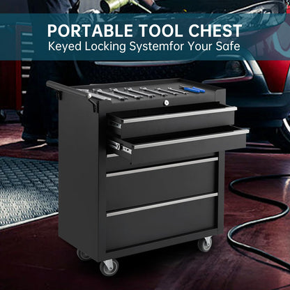 GarveeLife 5-Drawer Tool Box 24" Garage Tool Box with Key Lock and Removable Drawer Liners, Wheeled Design, Suitable for Garages, Warehouses, Workshops, and Repair Shops - Black