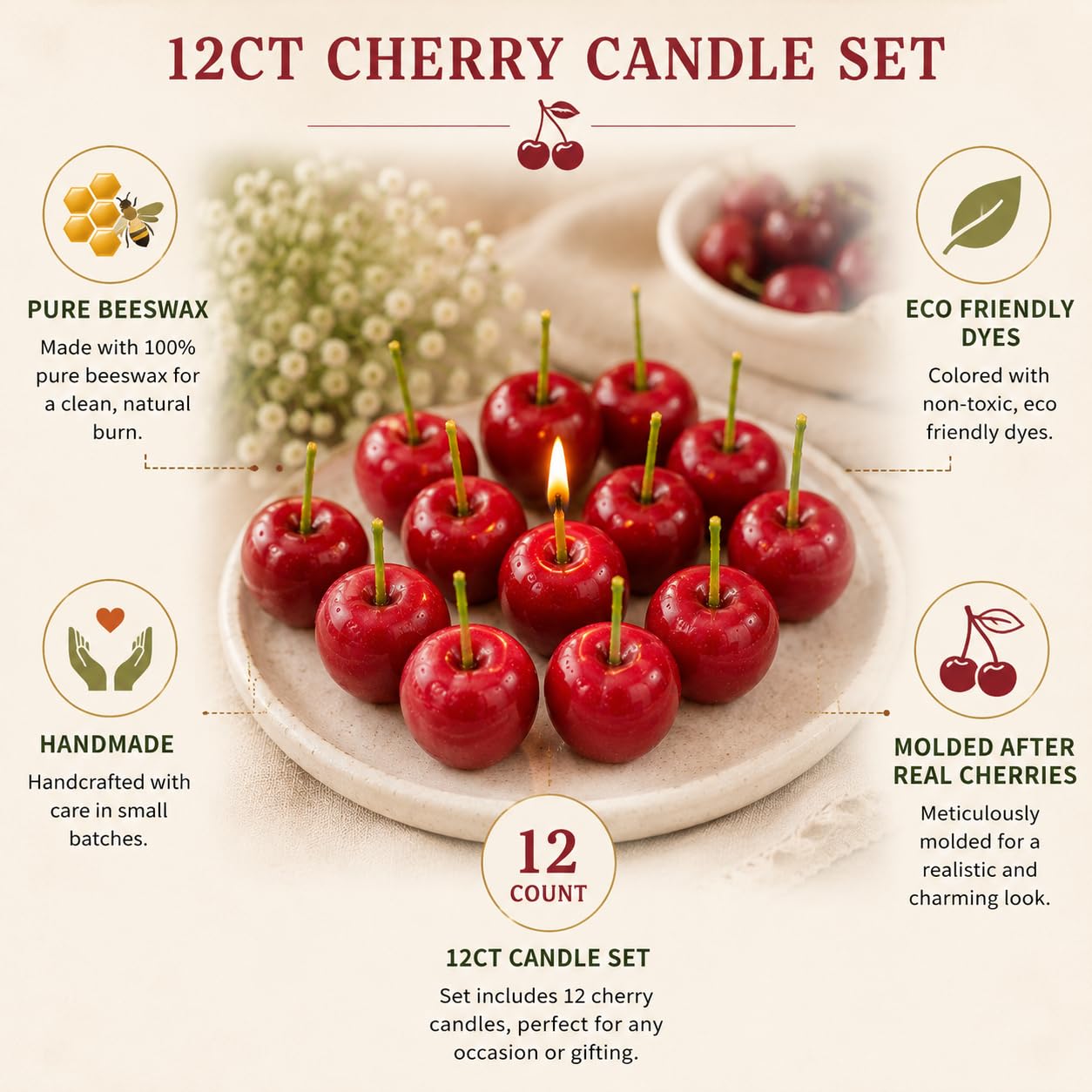 Set of 12 Cherry Birthday Candles – Handmade Beeswax Cake Candles with Cotton Wicks – Eco-Friendly Red Cherry Shaped Candles for Parties, Weddings, Cupcakes, Celebrations