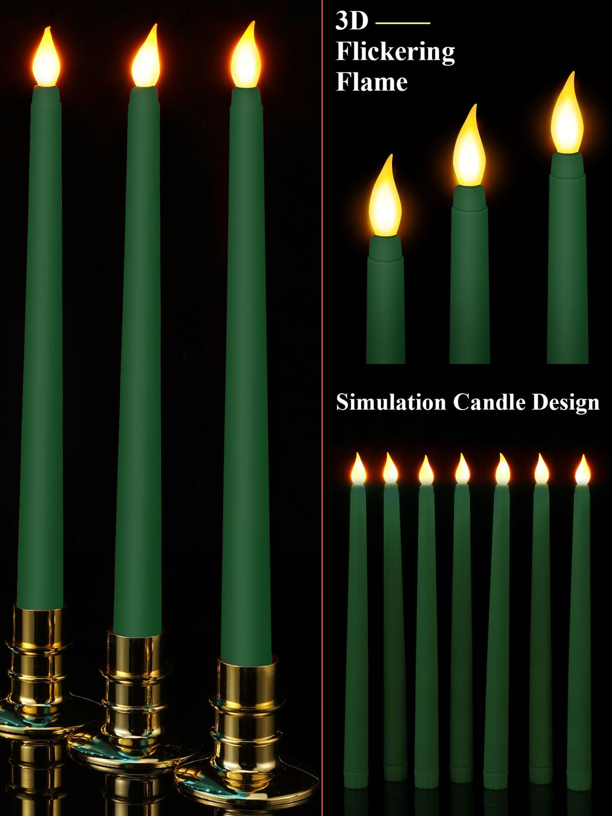 Funtery 48 Pcs Flameless LED Taper Candles Battery Operated Candles Bulk Realistic LED Candlesticks Flickering for Wedding Church Graduation Party Home Decor(Green,Classic Style)