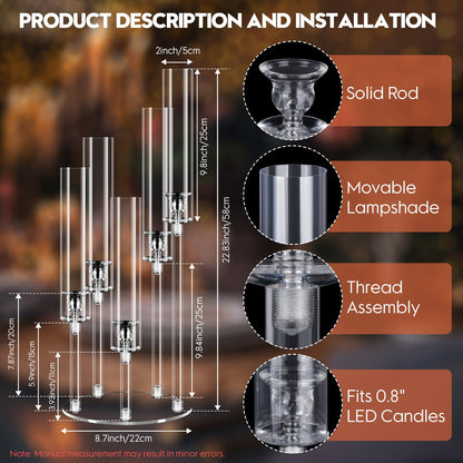 8 Set 5 Arm Acrylic Candle Holder, Mjkeomo 22'' Tall Candelabra Centerpieces for Tables, Candlesticks Holder with Lampshade for Housewarming Gift Fireplace Dinner Decor Fit 0.82'' LED Candle