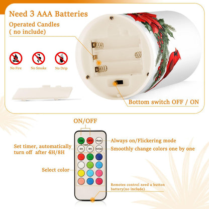 ALAZA Christmas Lantern Red Bird Poinsettia Flowers Flickering Flameless Candles Battery Operated with Remote Timer,Tea Light Candles LED Pillar Votive Candles Set of 2 for Outdoor Indoor Decorations