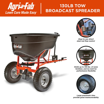 Agri-Fab Pull Behind Broadcast Spreader for Seed, Fertilizer, Salt and Ice Melt, 130 lb Hopper Capacity with Universal Hitch and 12 Ft Spread Width