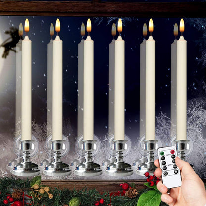 Wondise Flameless Window Candles with Remote & Timer, 10" Battery Operated 3D Wick LED Flickering Taper Candle for Christmas Decorations, Removable Silver Holder and Suction Cups Included(6 Pack)