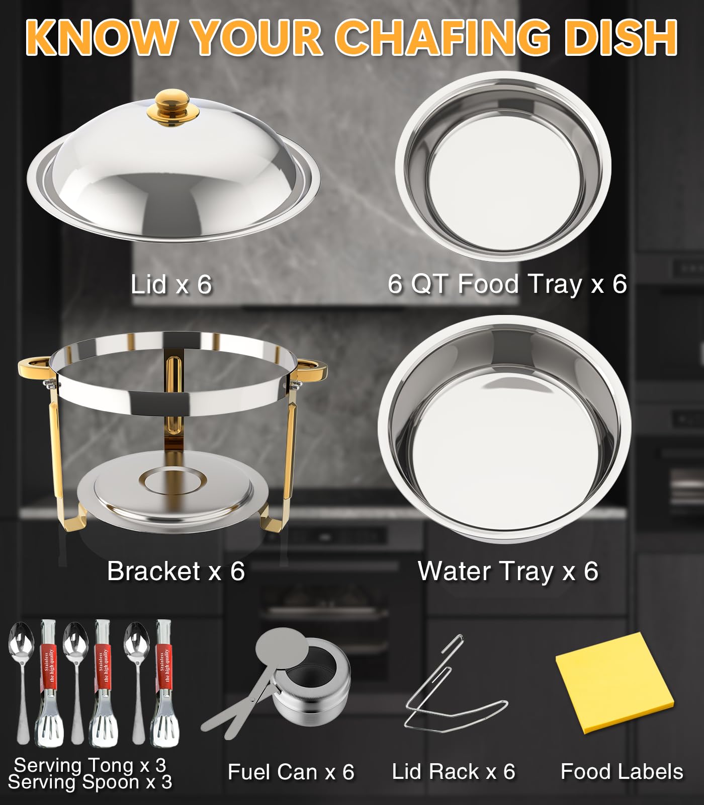 Beviliu 6QT Chafing Dishes for Buffet, 6 Pack 6QT Round Stainless Steel Chafing Dish Set for Home Parties, Christmas Gatherings, Food Warmers for Parties Buffet, Catering Supplies Buffet Display