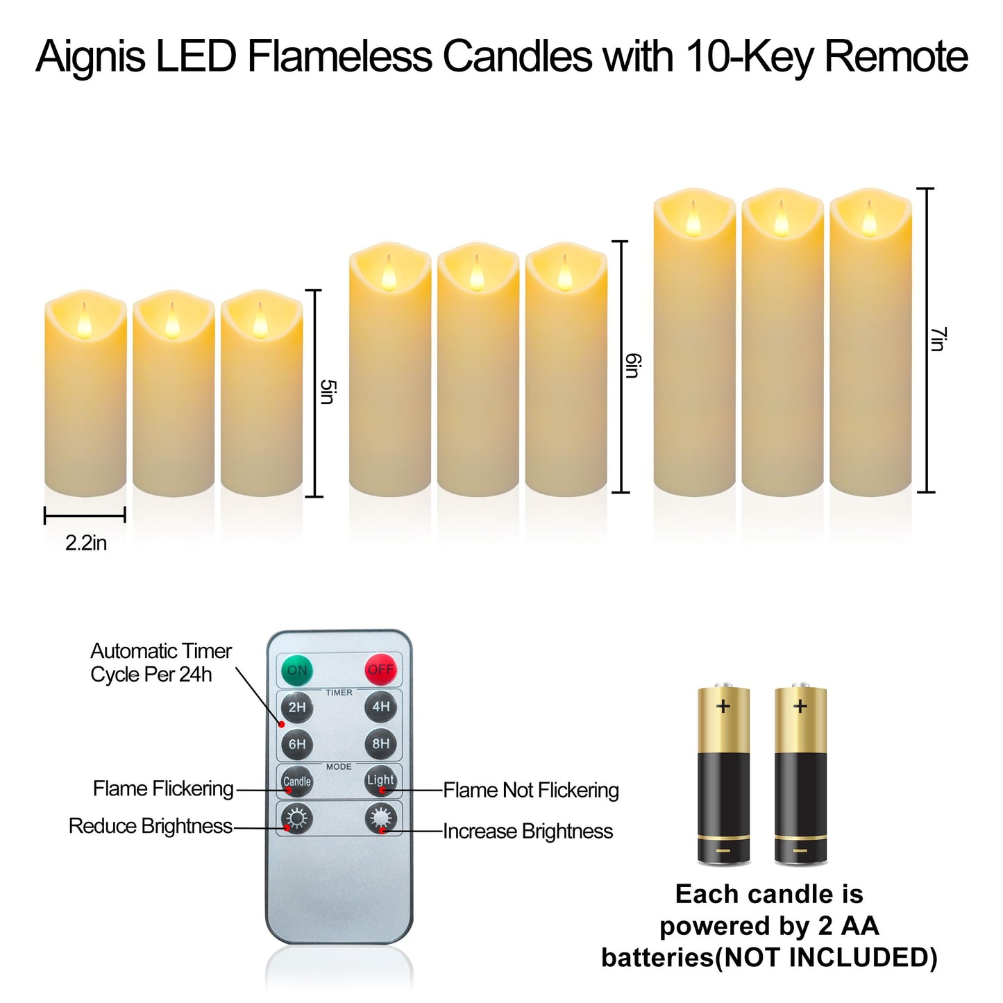 Aignis 9pcs Flameless LED Candles Battery Operated with 10-Key Remote & Timer, Indoor Heat Resistant, 3D Wick with Warm Flickering Glow for Cozy Home/Wedding/Holiday Décor (D 2.2" x H 5"/6"/7")