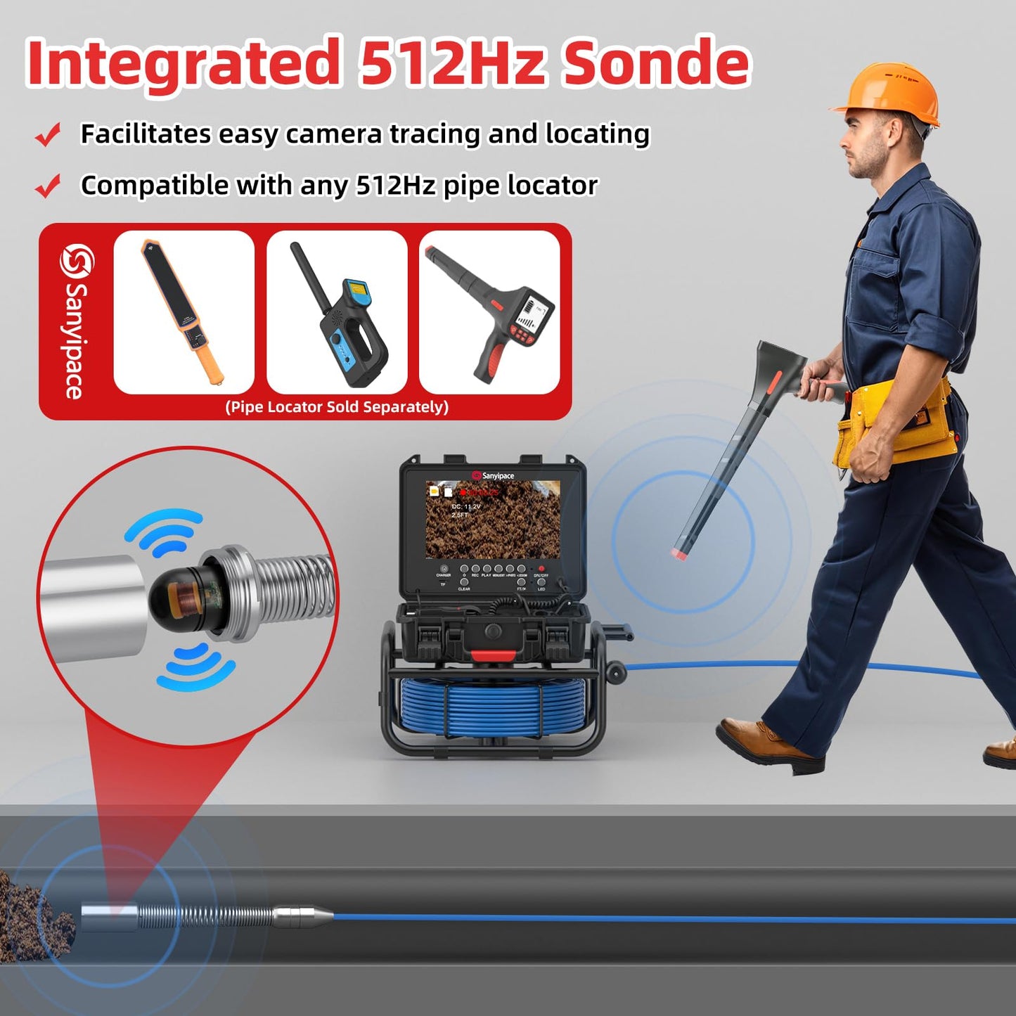 Sanyipace Sewer Camera Self-leveling with Locator, 512Hz Drain Camera with Distance Counter, Waterproof 100FT/30M Pipe Camera with 9" Screen, 1080P, 23mm/0.9in Borescope Inspection Camera for Plumbing