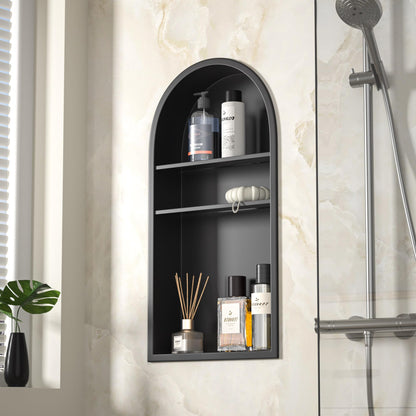 Bernkot Stainless Steel Arched Shower Niche 24" X 12" Matte Black No Tile Needed Vertical Niche Shower with 3-Tier Shelves Recessed Wall Arched Niches for Bathroom Storage