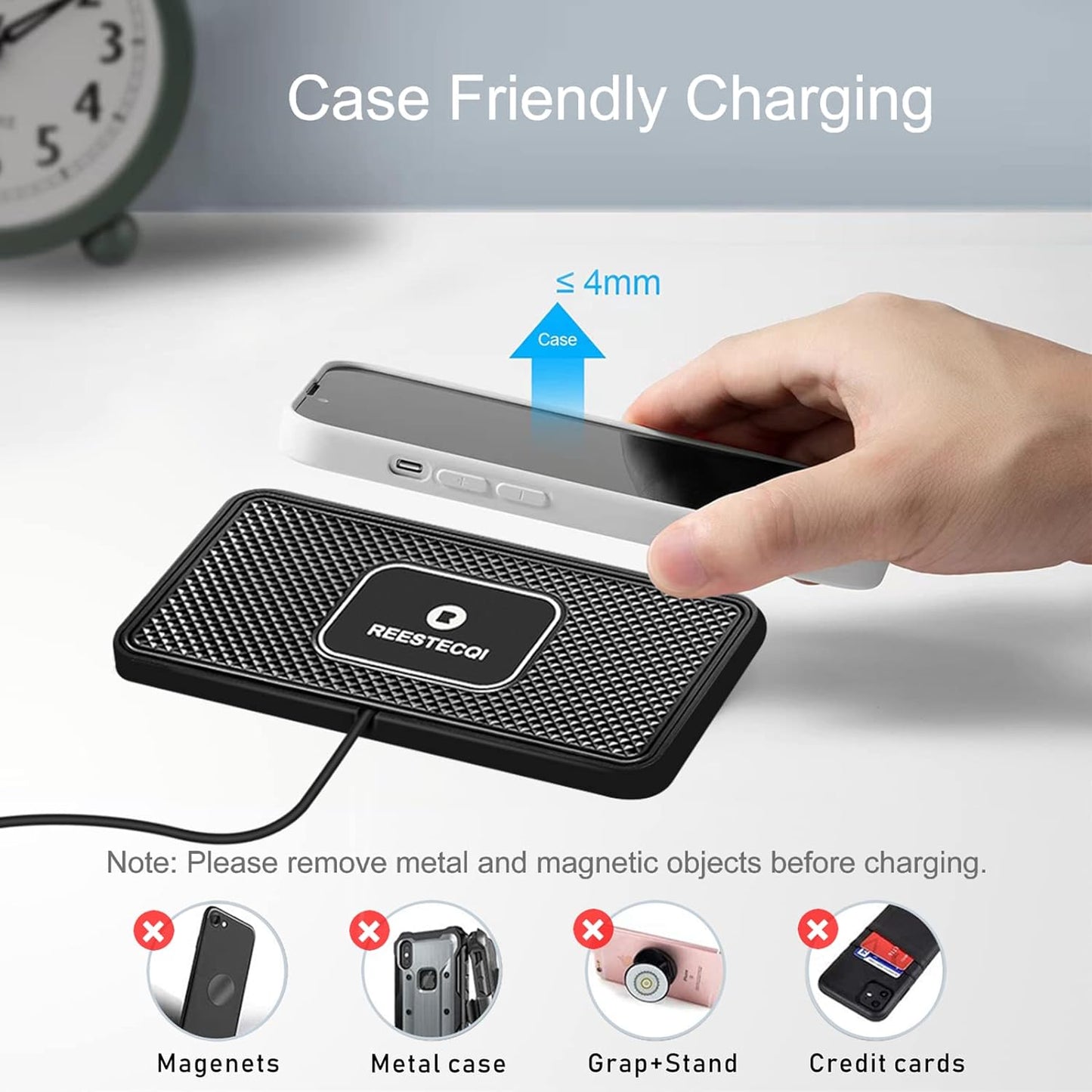 Wireless Car Charger Pad, REESTECQI 15W Wireless Charging Pad for Car Non Slip Phone Car Wireless Charger [40W Car Charger Included] for iPhone 16 15 14 13 12 11, AirPods 3/Pro 2, Samsung S24/S23/S22