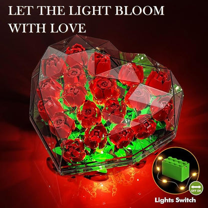 Flower Bouquet Building Set with LED Lights - 19 Rose Red Botanical Collection Block Toy with Heart Shaped Cover for Adult Her Lover Wife Women Girls 8-12+