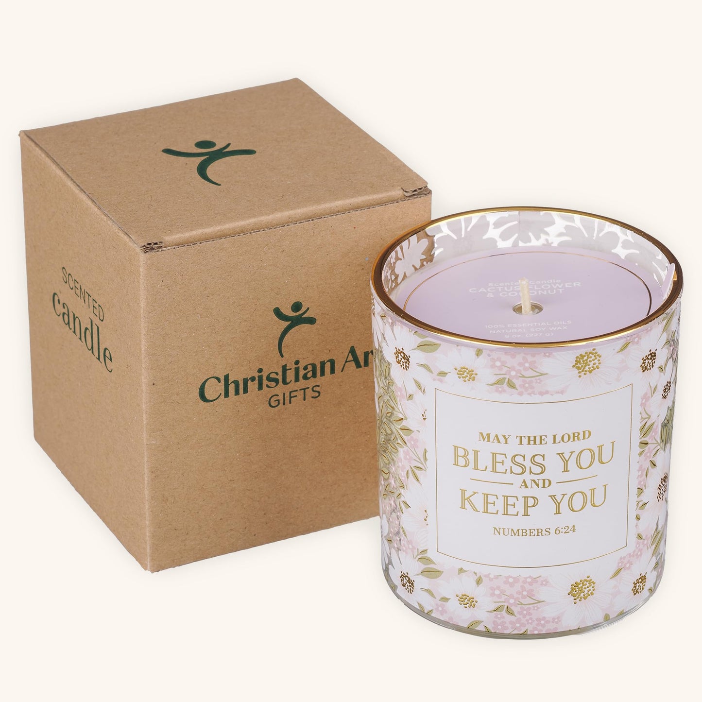 Christian Art Gifts Lord Bless You Scented Candle: Soy Wax, Pure Essential Oils, Cactus Blossom & Coconut Scent, Bible Verse, Floral Design Glass Jar, Encouragement Gift for Women, 40 Hours Burn Time