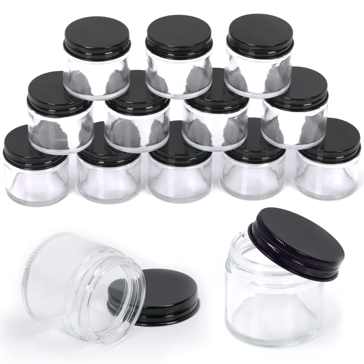Swpeet 15 Packs 2 oz - 60ML Transparent Glass Jar with Black Lid Assortment Kit, Round Containers Cosmetic Glass Jars with Lids Travel Jars Cosmetic Containers for Cream, Lotion