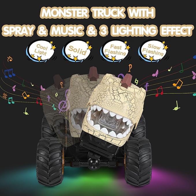 DYODYORC Remote Control Car 2.4Ghz All Terrain Dinosaur Monster Truck Toys RC Truck with Spay Music 3 Lighting Effects Stunt Capable Toy Gifts for Boys and Girls (Beige)