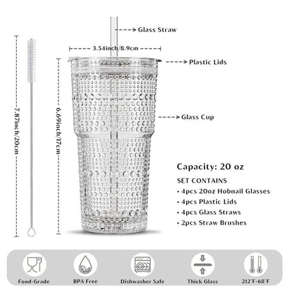 INSETLAN 20oz Hobnail Glass Cups with Lids and Glass Straws – 4 Pieces, Thick-Walled Glass Tumblers for Iced Coffee, Smoothies, Milk, Water, Juice, and More – Elegant and Durable Drinking Glasses
