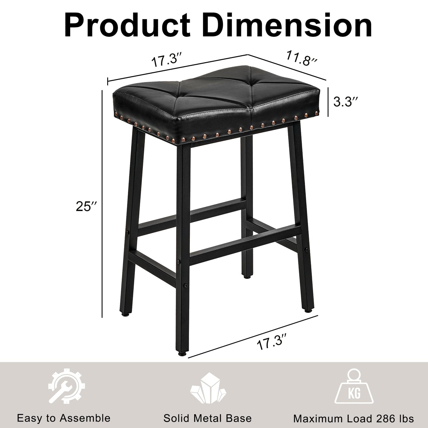 VECELO 25 inch Counter Height Stools for Kitchen Island, 3.3'' Thick PU Upholstered Saddle Seats, Backless Bar Chairs with Metal Base, Black