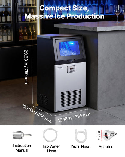 VEVOR Commercial Ice Maker Machine, 100 lbs/24h with 30 lbs Storage Capacity, Built-in/Freestanding/Under Counter, Stainless Steel Ice Maker with LED Display & Self-Cleaning, for Home Bar Restaurant