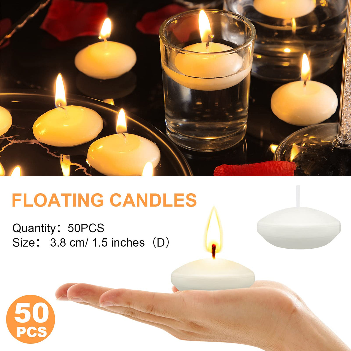 50 Pieces 1.5 Inch Unscented Floating Candles for Centerpieces Votive Floating Candles for Wedding Party Pool Spa Bathtub Dinner(White)