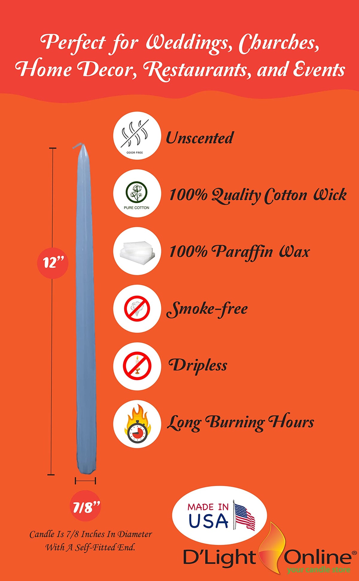 D'light Online Elegant Unscented Light Blue Taper Premium Quality Candles Hand-Dipped, Dripless and Smokeless - Set of 12 Individually Wrapped (12 Inch, Light Blue)