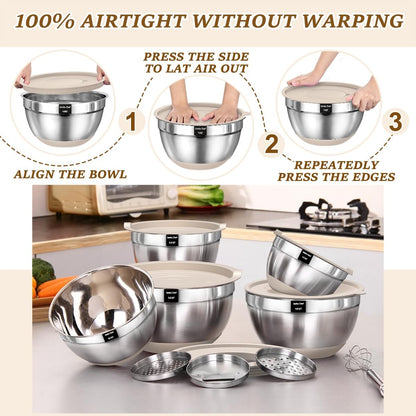 Umite Chef Mixing Bowls Set - 8PCS Stainless Steel Nesting Bowls with Airtight Lids & Grater | Non-Slip Bottoms, Khaki, 1.5QT to 5QT