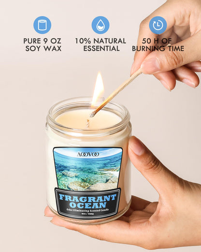 AOOVOO Fragrant Ocean Odor Eliminating Candle - Up to 50 Hours Burn time, Eliminates 95% of Pet, Smoke, Food, and Other Smells Quickly, 9 oz Non Toxic Highly Fragranced Air Freshing Soy Candle