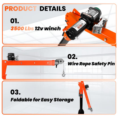 EQUCKKY 1600lbs Electric Pickup Truck Crane & 3500lbs Electric Winch, Folding Truck-Mounted Bed Crane Hoist, 360° Swivel, 3 Adjustable Boom, 12V DC, for Construction Auto Repair Complimentary Returns!