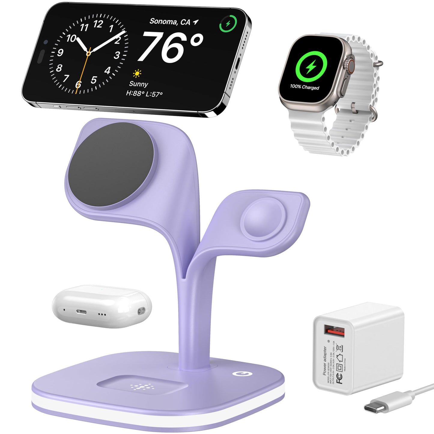 EXW for Magsafe Charger Stand,Charging Station for Multiple Devices,Wireless Charger for iPhone 17 Air 16 15 14 13 12 Series,Apple Watch Series 1-10/Ultra,AirPods Pro with LED and Adapter (White)