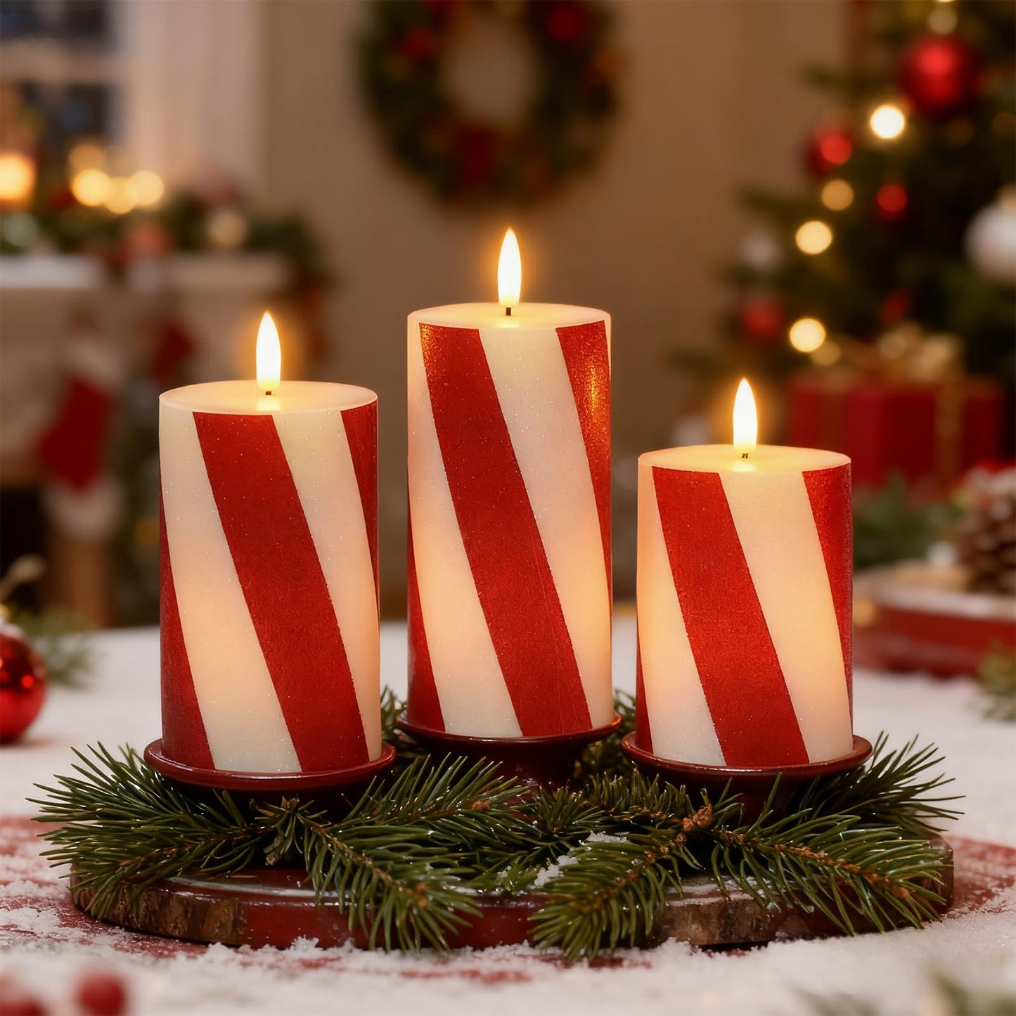 Eldnacele Christmas Candy Cane Stripe Flameless Candles with Remote and Timer, Battery Operated 3D Wick Flickering Real Wax Stripe Glitter Pillar LED Candles Holiday Xmas Decor (3Pcs, D3×H4/5"/6")