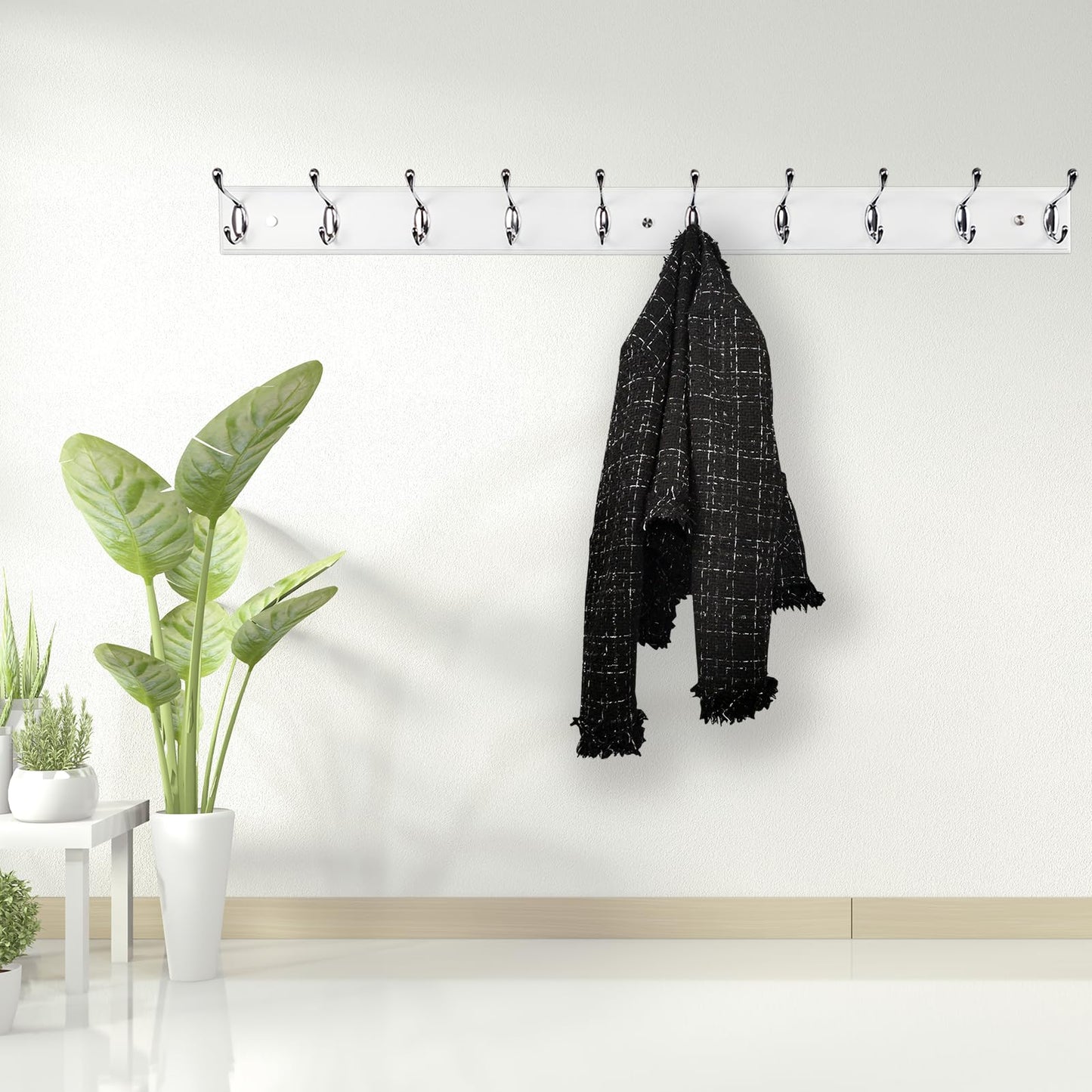 lomejii 37 Inch Long Wooden Wall Mounted Coat Rack with 10 Silver Chrome Hooks for Entryway and Bedroom to Hang Coats, Hats - Heavy Duty Hooks School Bag