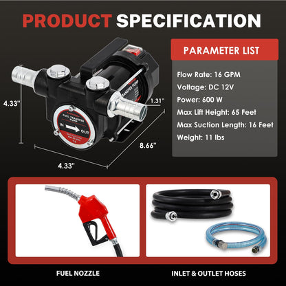 Poafamx 16 GMP Diesel Transfer Pump, 12V DC Fuel Transfer Pump Kit with Nozzle Hoses, Self Priming Electric Oil Transfer Pump with High Flow Rate Auto Motor for Diesel Oil