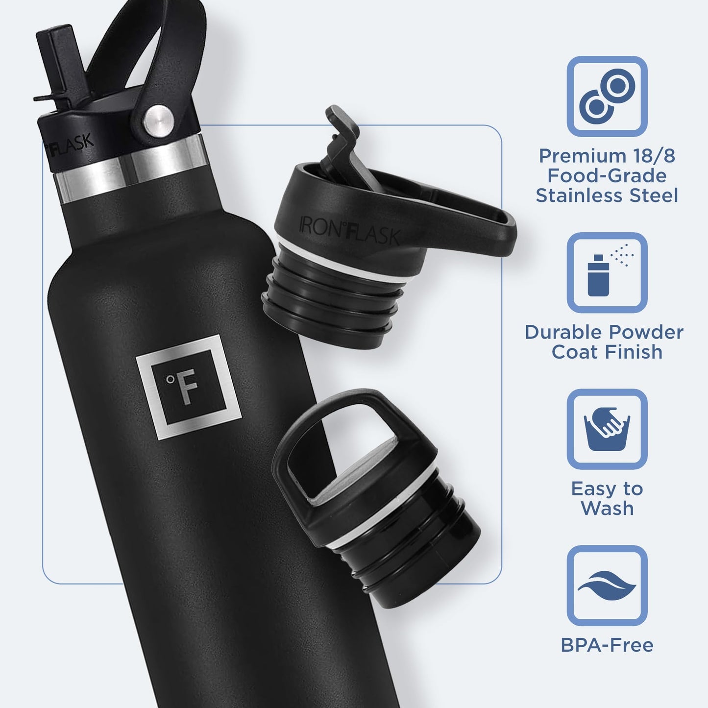 IRON °FLASK Camping & Hiking Hydration Canteens - 3 Lids (Narrow Straw Lid) Leak Proof Vacuum Insulated Stainless Steel - Hot & Cold Double Walled Sports Water Bottle - Twilight Blue, 24 Oz