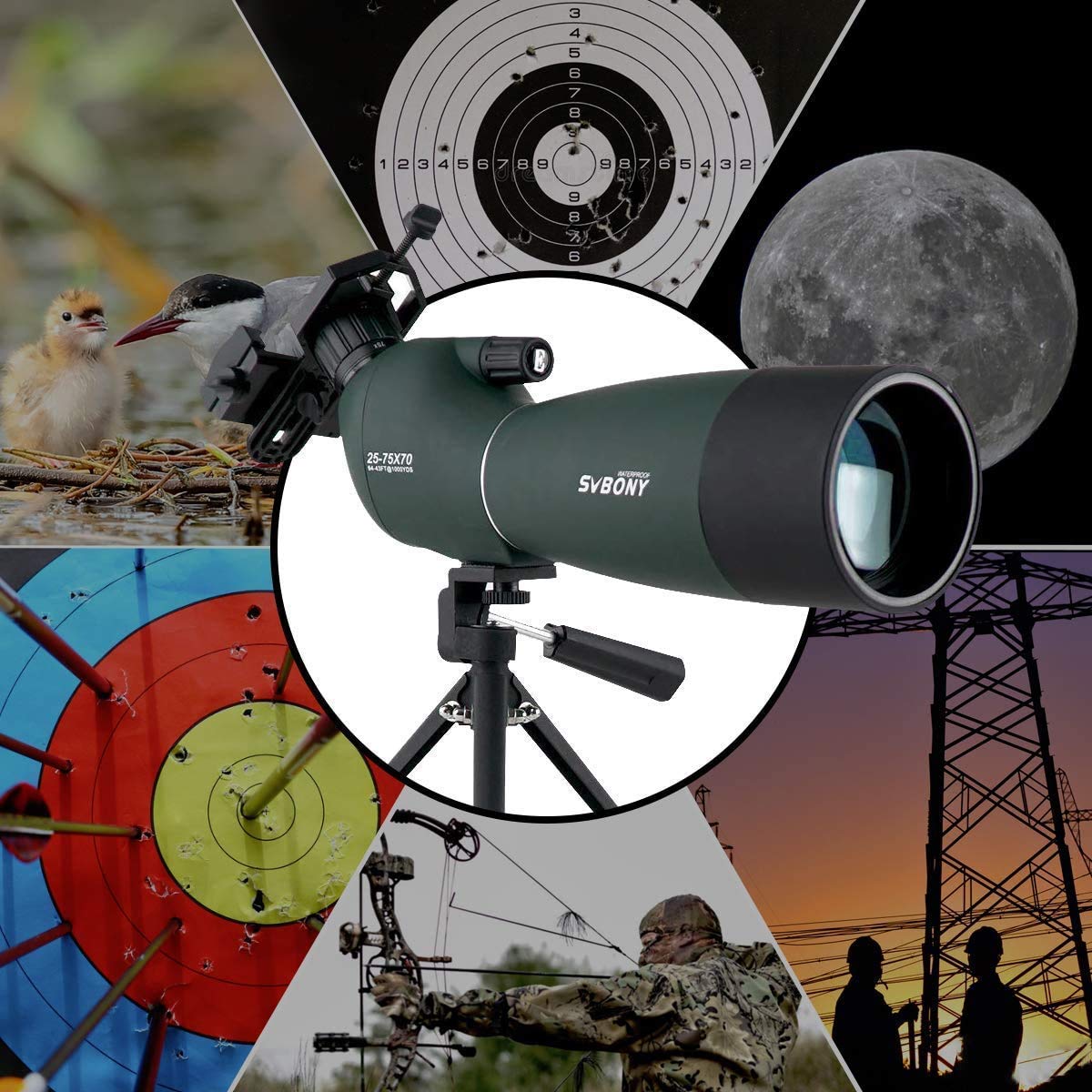SVBONY SV28 Spotting Scopes with Tripod, Angled 25-75x70mm Spotter Scope with Phone Adapter, Waterproof Fogproof Spotting Scope for Bird Watching, Target Shooting, Wildlife Viewing