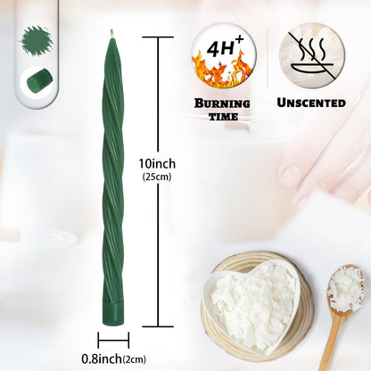 Handmade Unscented Long Spiral Taper Candle Dark Green 10 Inch Smokeless Tall Twisted Candlesticks Elegant Design for Home Weddings Festive Seasons Décor