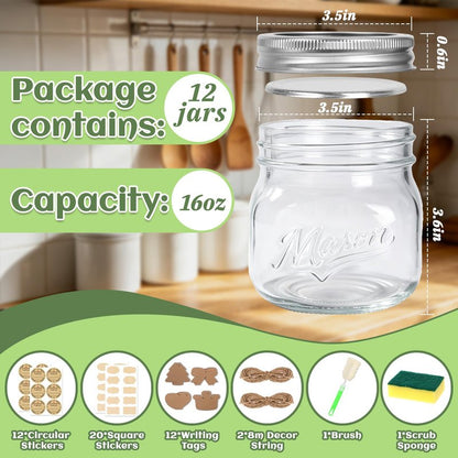 BIGIVACA 16 oz Wide Mouth Mason Jars, 12 Pack Canning Jars with Embossed Fruit Pattern, Glass Jars for Food Storage, Preserving, Pickling, Meal Prep, DIY Crafts and Home Decor