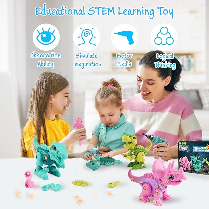 FREE TO FLY Dinosaur Toys for 3 4 5 6 Years Old Girls Take Apart Dinosaur Learning Toys for Kids 3-5 5-7 STEM Building Construction Set with Electric Drill Birthday Ideas