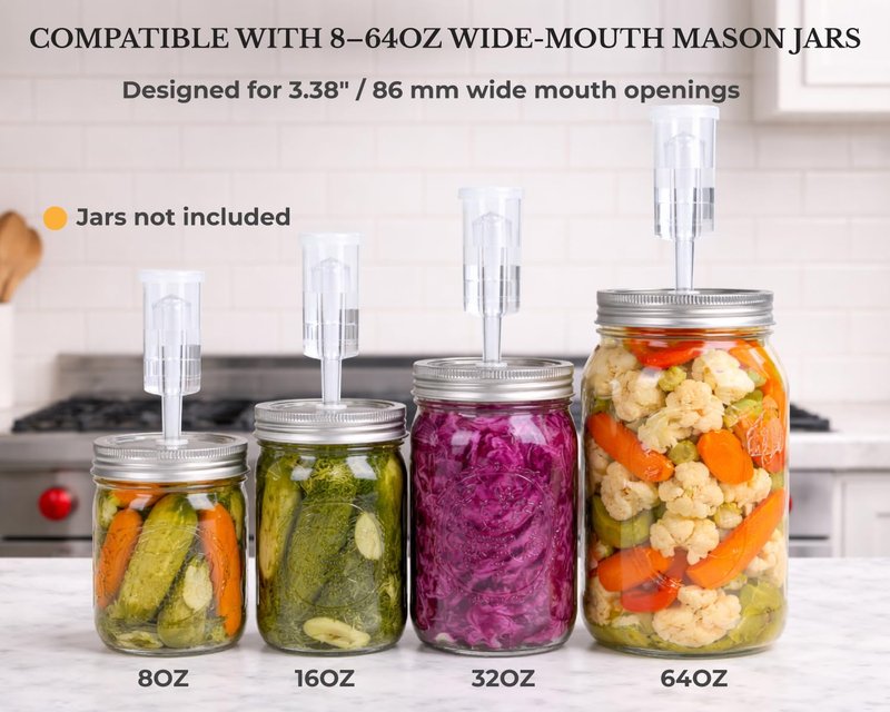 Jillmo Fermentation Lids for Wide Mouth Mason Jars, Stainless Steel Auto Venting Fermenting Lid Kit with Airlocks & Silicone Grommets for Pickles, Kimchi & Sauerkraut, 4 Pack, No Jars Included