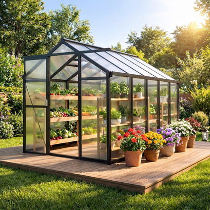 6X10 ft Greenhouse, Greenhouses for Outside, Aluminum Frame Polycarbonate Panels with Sliding Lockable Door and Ajustable Roof Vent, Spacious Walk-in Design for Backyard, Garden, Patio, Black